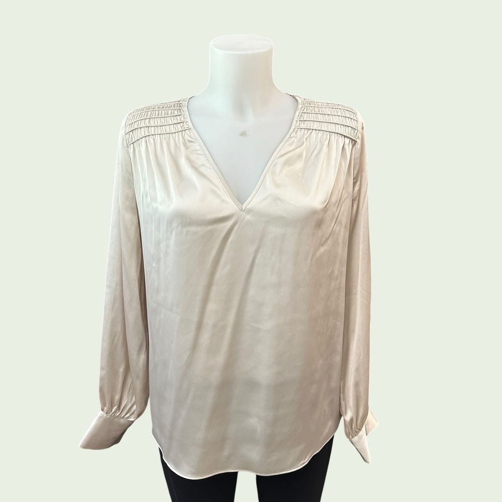 WHBM Satin Light Palomino Smocked Shoulder V Neck Longsleeve Blouse Small